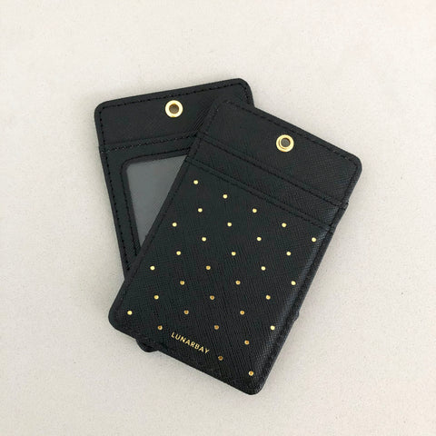 Cardholder w/ Lanyard - Black Polka Dots with Matte Black Strap