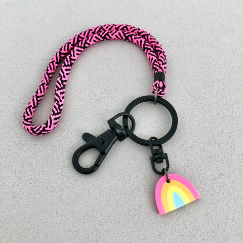 Hot Pink Car Keychain Strap With Rainbow Charm