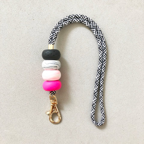 Hot Pink and Black Marble Lanyard Key Chain / Wristlet Strap