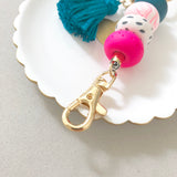 Keychain Bag Charm Hot Pink and Teal with Teal Tassel
