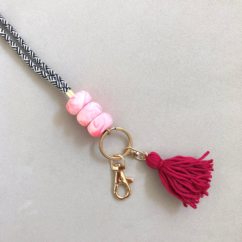 Pink Marble With Tassel Lanyard Key Chain / Wristlet Strap